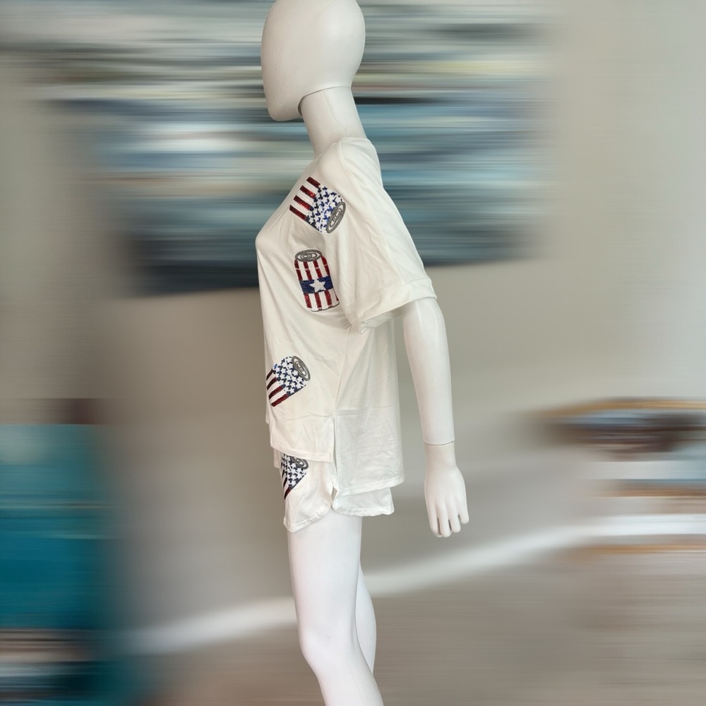 Cutest patriotic sequin “can” two piece short set S M L XL - Picture 7 of 12